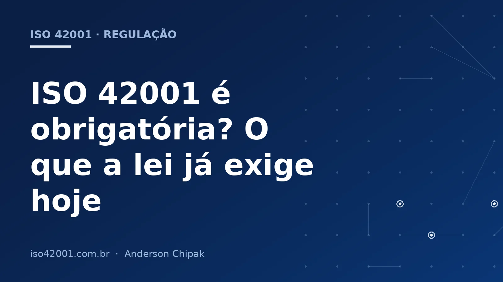 Capa do artigo “ISO 42001 é obrigatória? O que a lei já exige hoje”, com o título sobre fundo azul-marinho e grafismo de rede de controles