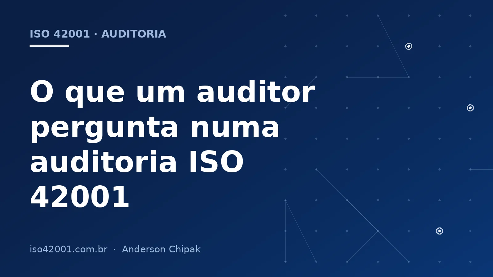Capa do artigo “O que um auditor pergunta numa auditoria ISO 42001”, com o título sobre fundo azul-marinho e grafismo de rede de controles
